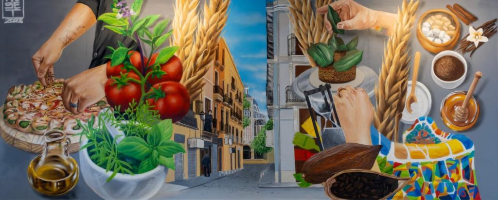 Mural icónico en Terra Nostra Pizzería Gourmet en Guatemala,